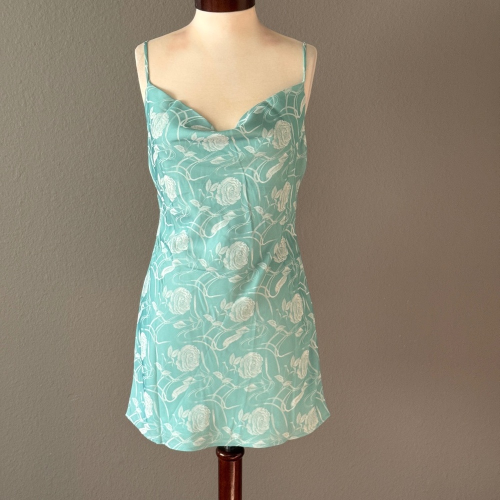 12th Tribe Sleeveless Cowl Neck Floral Slip Dress - Aqua/White